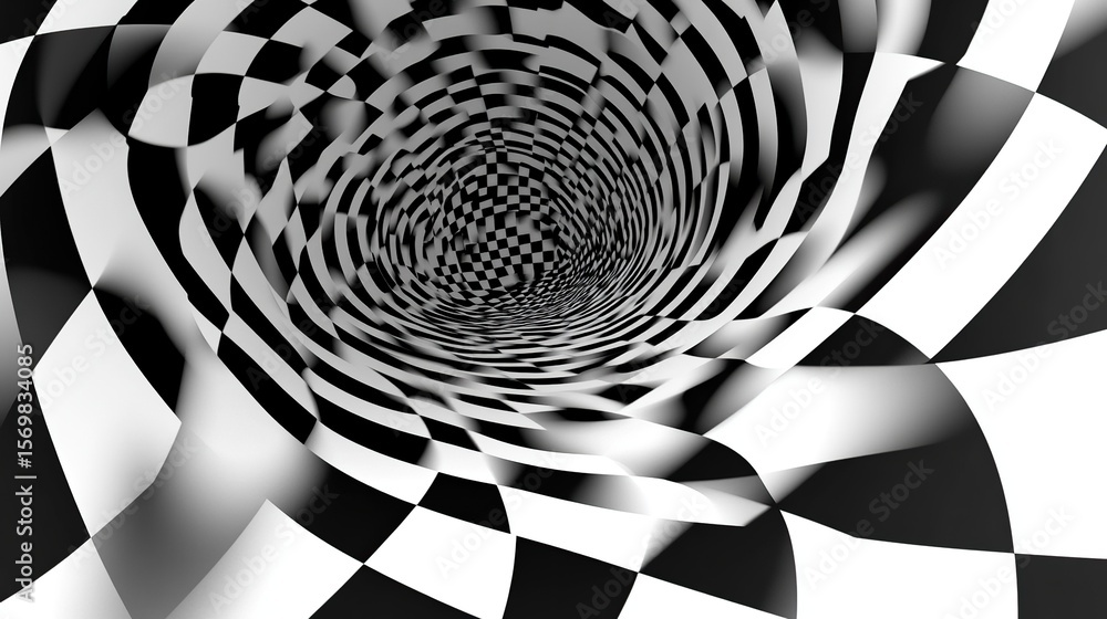 Poster a minimalist black-and-white optical illusion with distorted checkered patterns.