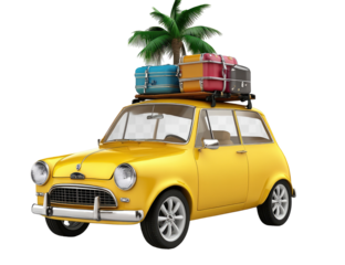 Retro yellow car with colorful suitcases and palm tree on roof