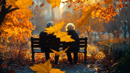 Senior couple sits on a park bench during autumn sunset - Powered by Adobe