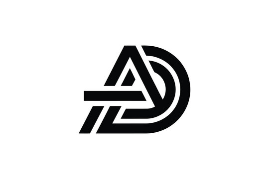 A black and white graphic logo of the letters a and d intertwined design