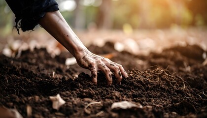 A ghoulish hand with dirt and decaying flesh emerges from dark, disturbed soil under a dim, ominous light, setting a chilling zombie-themed Halloween scene