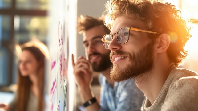 Young professionals engaged in creative brainstorming session at modern office in bright sunlight - Powered by Adobe
