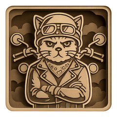Bronze Carving of Biker Cat with Leather Jacket and Handlebars Against Abstract Weathered Background Square Design