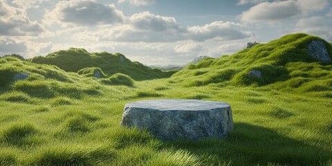 Minimalist Stone Podium Grass Meadow Product Display Background 45 Degree