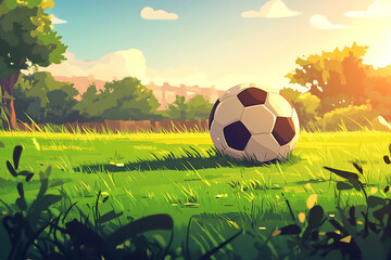 A vibrant soccer ball resting on lush green grass in a sunlit park with trees and hills