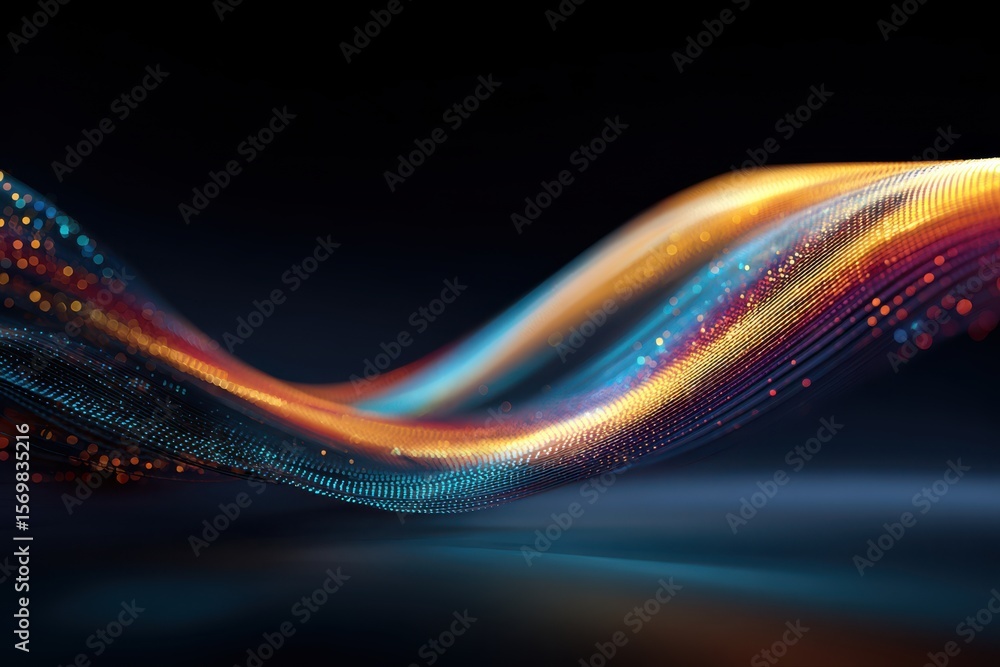 Poster this stock image features a vibrant and colorful wave of light set against a dark black background, 