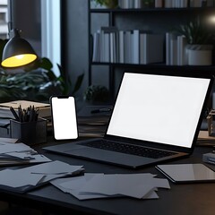 Laptop with phone, desk, and night work. (5)