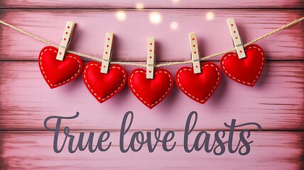true love lasts red hearts hanging on string

