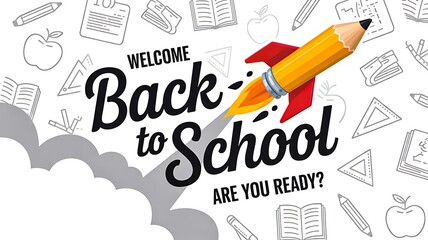 welcome back to school with pencil rocket illustration

