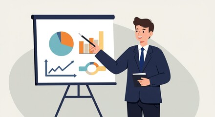 Man presenting business statistics and financial data with charts and graphs on a display board, demonstrating growth