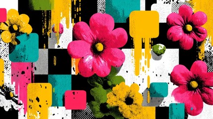Bold graphic-style composition with vivid pink flowers, yellow centers, geometric shapes, teal, black checkerboard pattern, paint splashes, dynamic street-art feel, textured background, 