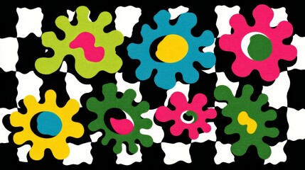 Vibrant abstract flower-like shapes in bold colors arranged in two rows against a black and white checkered background, featuring lime green, pink, blue, yellow, 