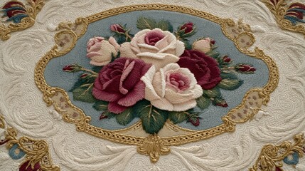 Intricate floral embroidery with an oval center showcasing a bouquet of roses in pale pink, cream, and maroon, surrounded by a golden ornate border. Detailed cream background with swirling textures,