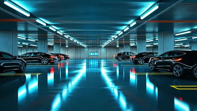 Sleek modern cars parked in a futuristic underground garage with vibrant lighting