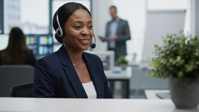 A professional woman wearing a headset smiles while assisting a customer at her desk in a modern office, with a blurred colleague in the background engaged in a discussion