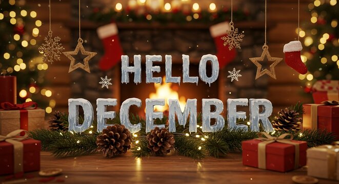 Hello December with presents and fireplace - Powered by Adobe
