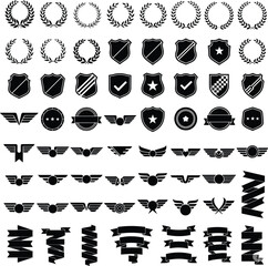 Collection of black laurel wreaths shields wings and ribbons icons