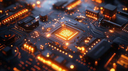 Obraz premium Glowing orange circuit board with central processor technology computer