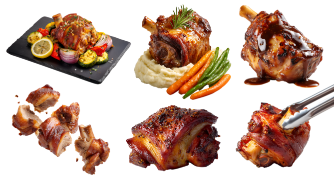 Set of Pork knuckle hock, ham hock meat, grilled roast braised boiled smoked fried, on stone slate plate, isolated on transparent cutout PNG. Mockup template for artwork design	
