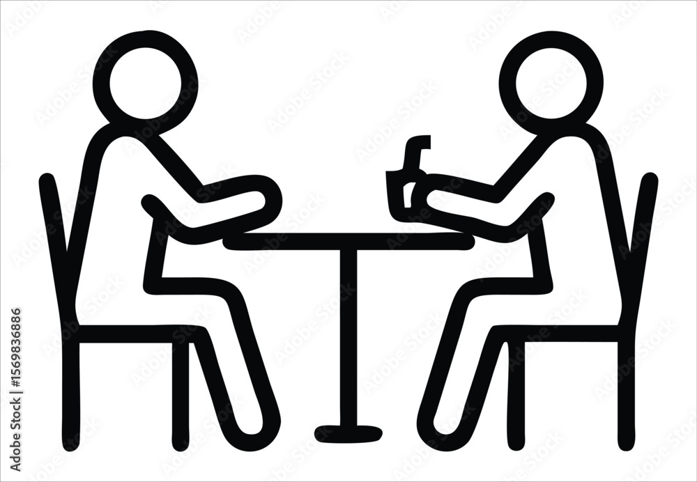 Poster two stick figures sit at a table drinking from cups with straws, representing a casual meeting or co