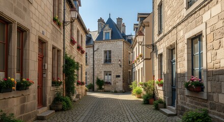 Obraz premium Walking through picturesque charming ancient cobblestone street lined with traditional stone buildings and vibrant flowers under bright sunny blue sky in beautiful historic