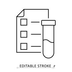A lab report icon in minimalist style with editable stroke. Medical document, test result sheet, sample analysis, diagnostic paper, specimen vial, outline object, vector line illustration
