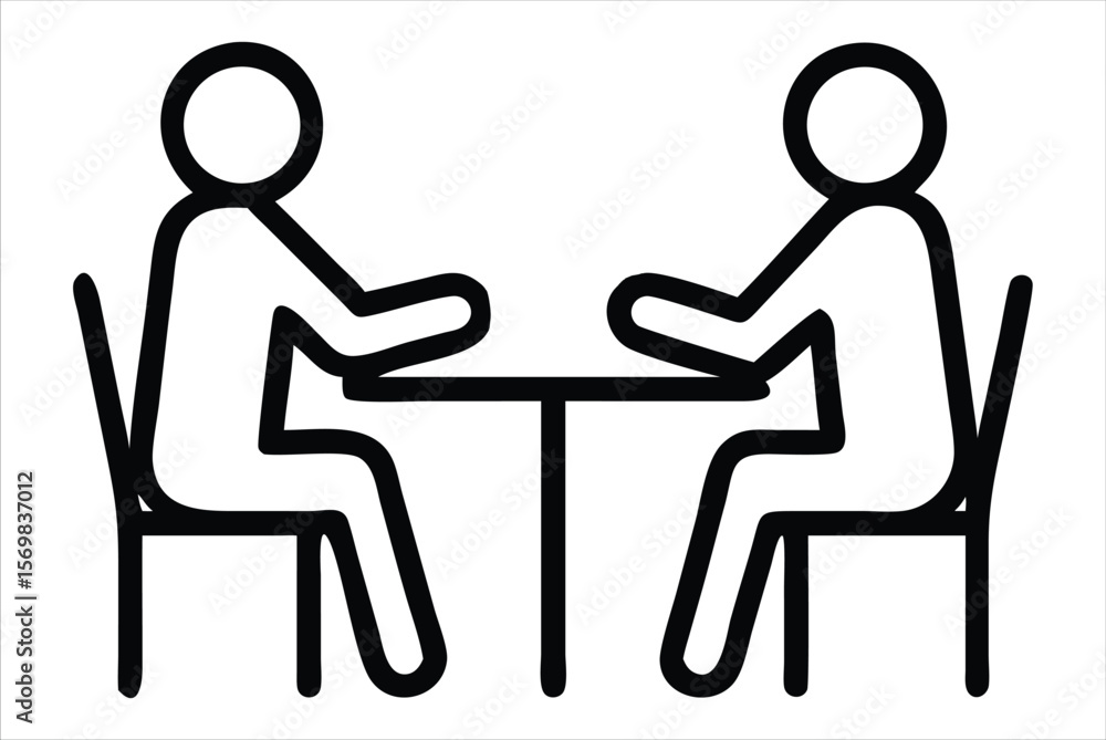 Poster two people sitting at a table having a conversation or meeting depicted as simple black stick figure