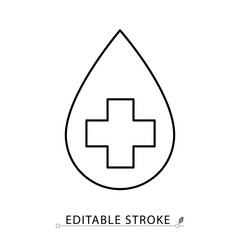 Fototapeta premium A blood drop icon in minimalist style with editable stroke. Medical symbol, donation concept, health care, emergency aid, transfusion element, clinical testing, outline object