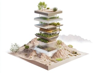 Technical schematic of fog harvesting towers in a mountainous desert region showing air intake layers, condensation membranes, water collection pipes, and native vegetation zones