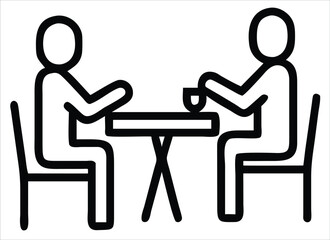 Two people sit at a table one holding a cup in a simple black and white line art illustration representing conversation or a meeting