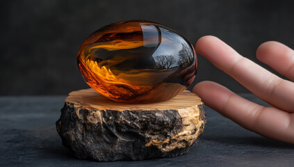 A brown and black oval glass ball is placed on a wooden base, with an amber color inside, which is rolled out slightly with two fingers