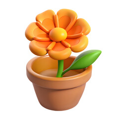 An orange flower in a pot is isolated on transparent background