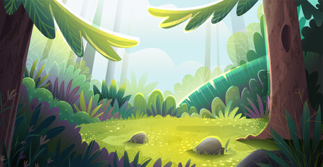 Magical wild forest scenery illustration for children fairy tale. Woodland wilderness setting. Peaceful forest clearing with sunlight and trees. Vector nature landscape scenery illustration for kids.