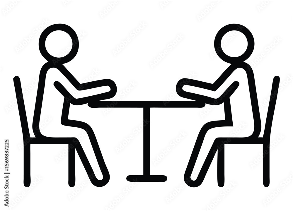 Poster two stick figures sitting at a table facing each other, representing a meeting conversation or discu