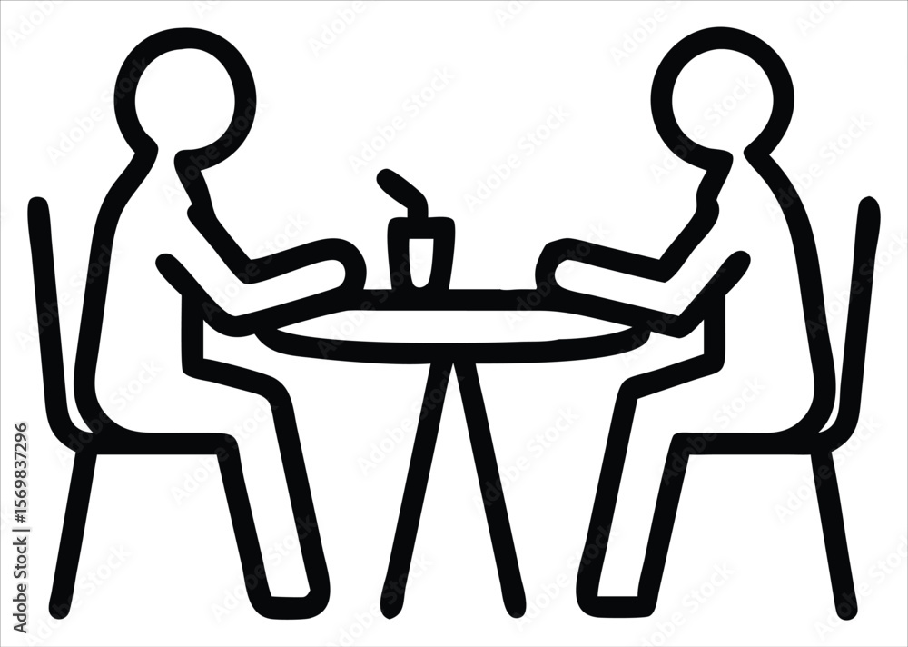 Poster two people sitting at a table with a drink between them depicted in a simple modern black and white 