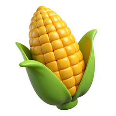 A 3d yellow corn cob with green leaves isolated on transparent background