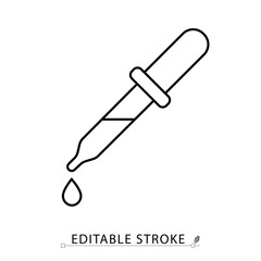 A dropper icon in minimalist style with editable stroke. Medical pipette, liquid dispenser, lab tool, precision instrument, chemistry testing, healthcare equipment, vector illustration.