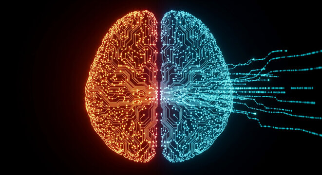 Digital brain hemispheres, circuit board design, glowing orange and blue, data streams flowing, symbolizes artificial intelligence, neural network, technology