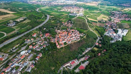 Aerial view around the old town of Neuleiningen on a sunny spring morning