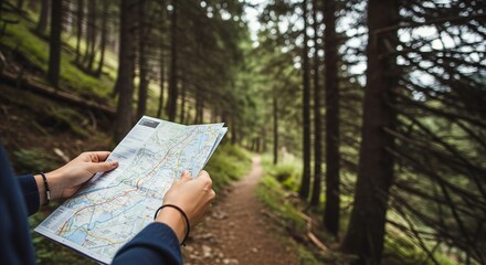 Hands hold a detailed topographic map charting a course deep into a beautiful lush green forest on an adventurous outdoor trekking expedition path