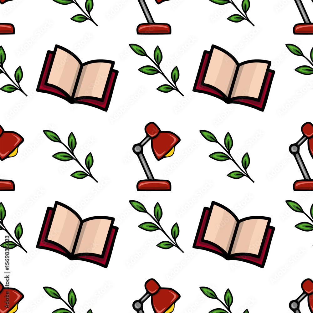 Poster seamless vector pattern featuring red desk lamps, open books, and green leaves, creating a charming 