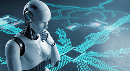 White robot, hand on chin, thoughtful pose against circuit board background, representing artificial intelligence, technology, and future thinking