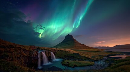 Naklejka premium Northern lights over Icelandic mountain and waterfall