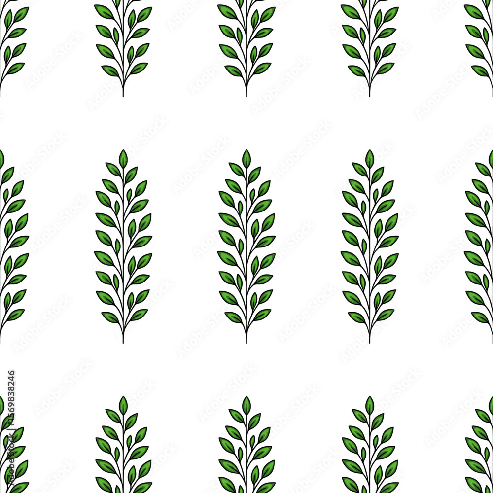 Poster seamless vector pattern of stylized green leaves arranged vertically, creating a minimalist and eleg