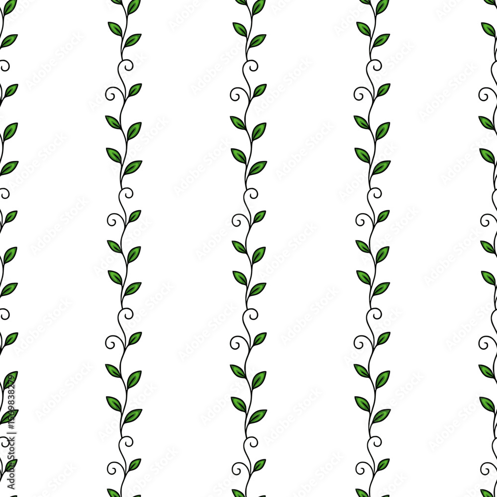 Poster seamless vector pattern with vertical lines of stylized green leaves and swirls, creating a simple y