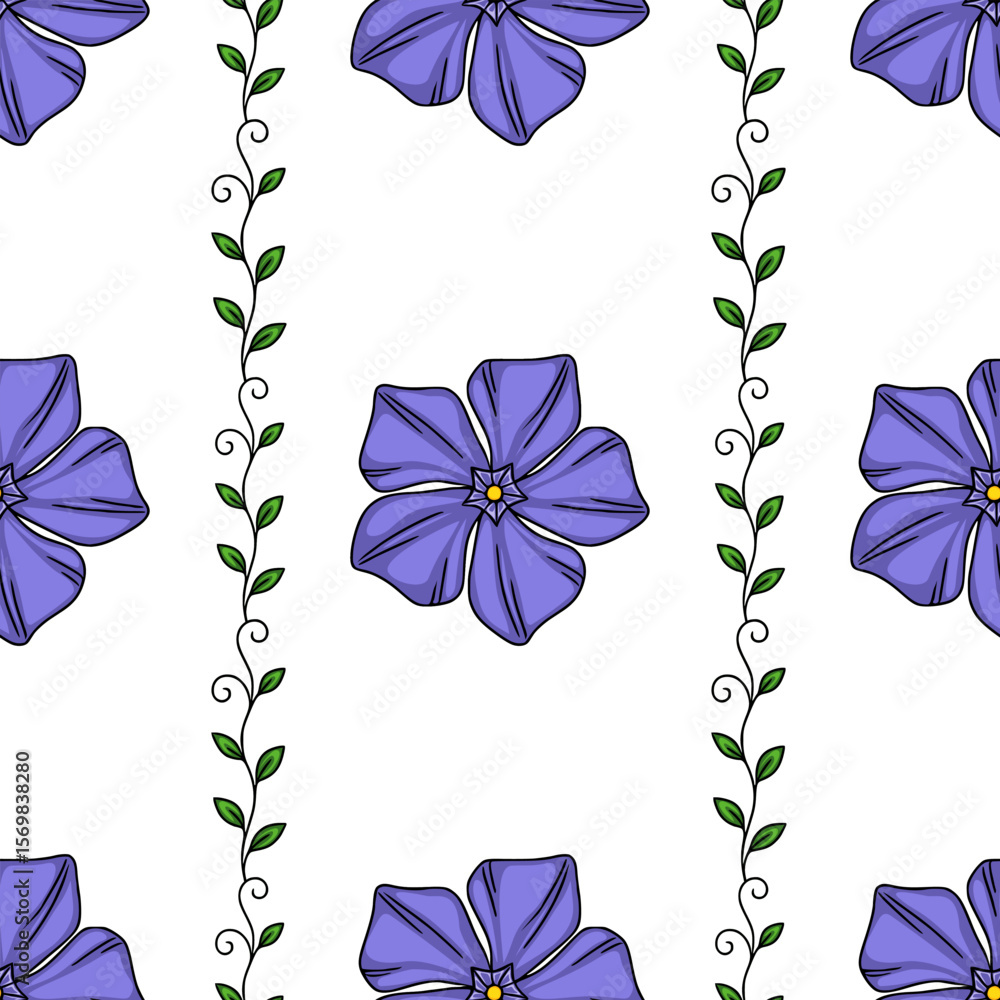Poster seamless vector pattern with stylized purple flowers and green vines, creating a delicate and repeat