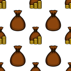 Seamless vector pattern of brown money bags and gold coins stacks, perfect for financial or treasure themed designs.