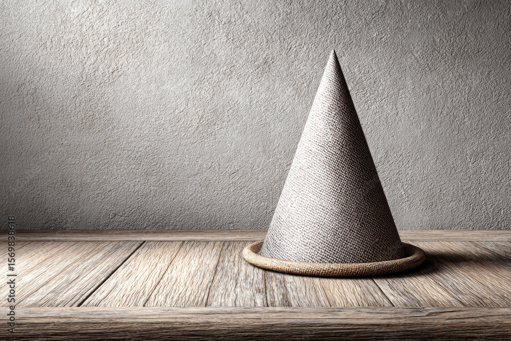 Poster a grey conical hat rests on a round base, placed on a wooden table with a rustic texture and an eleg