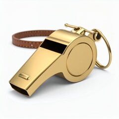 Gleaming golden whistle with leather strap, a signal of authority on white background