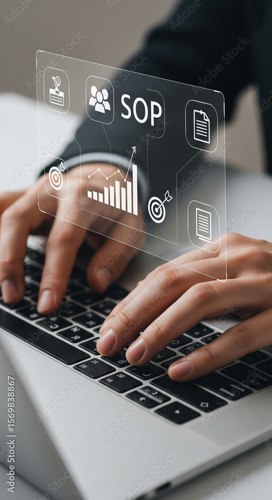 Poster hands typing on laptop keyboard, with a digital sop interface overlay, showing workflow, targets, an